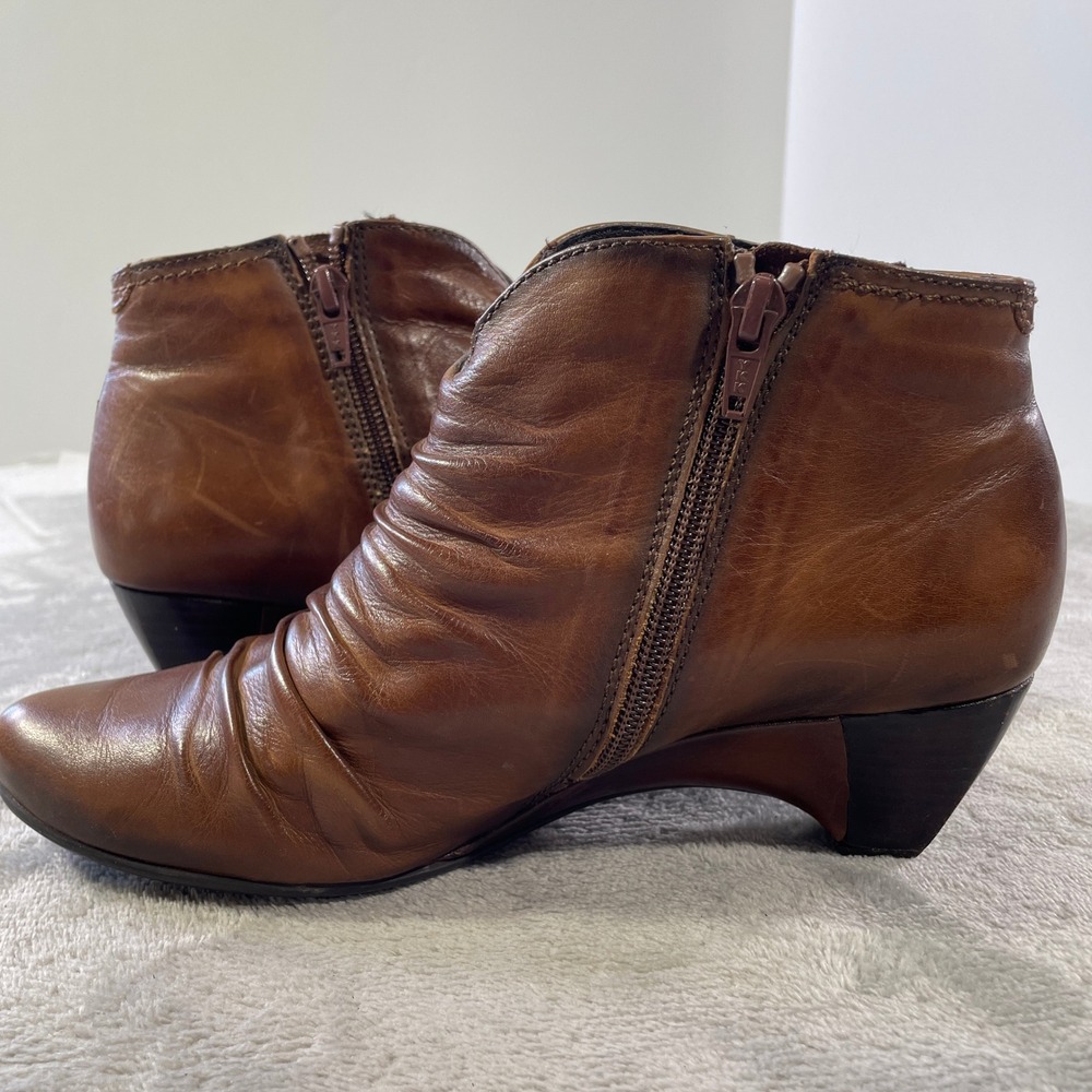 Pikolinos Ankle Booties Womens EU 38 Cognac Brown Leather Ruched Spain Zipper - Picture 6 of 8
